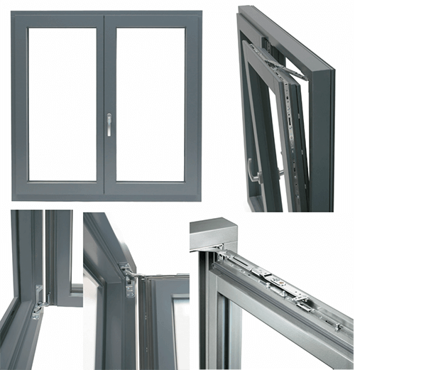 Verdeckte Beschläge für Holzfenster im Raum zwischen Flügel und Rahmen.