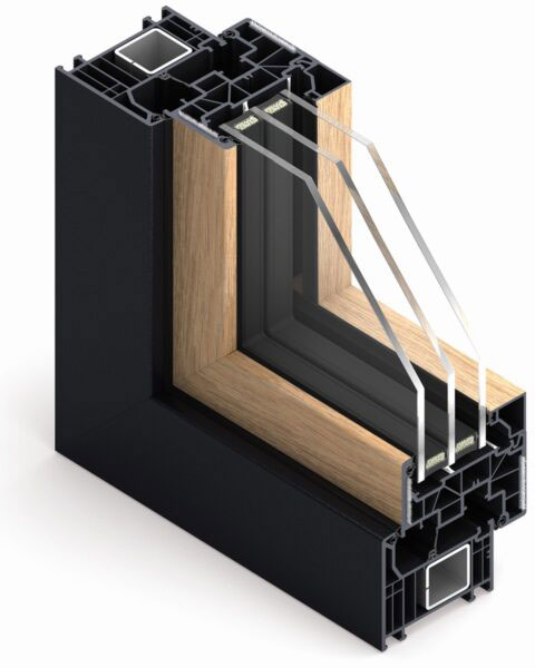 BiColor-Fenster - ein Rahmen in einem dunklen Farbton und ein Flügel aus holzähnlichem Furnier.
