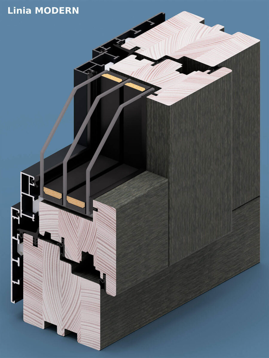 Section of a wood-aluminium window from the Modern line.