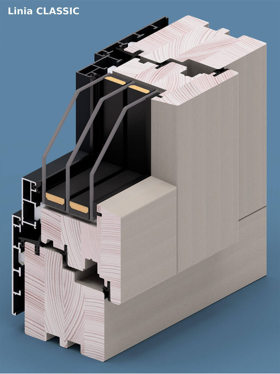 Section of a wood-aluminium window from the Classic line.