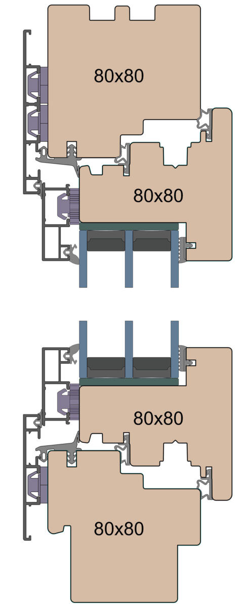 Querschnitt eines Holz-Aluminium-Fensters der Linie Modern, Profil mit einer Dicke von 80 mm.