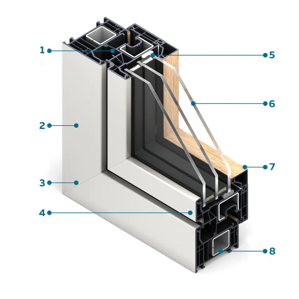 Fensterquerschnitt FORMA Viso in Aluminium imitierendem Furnier.