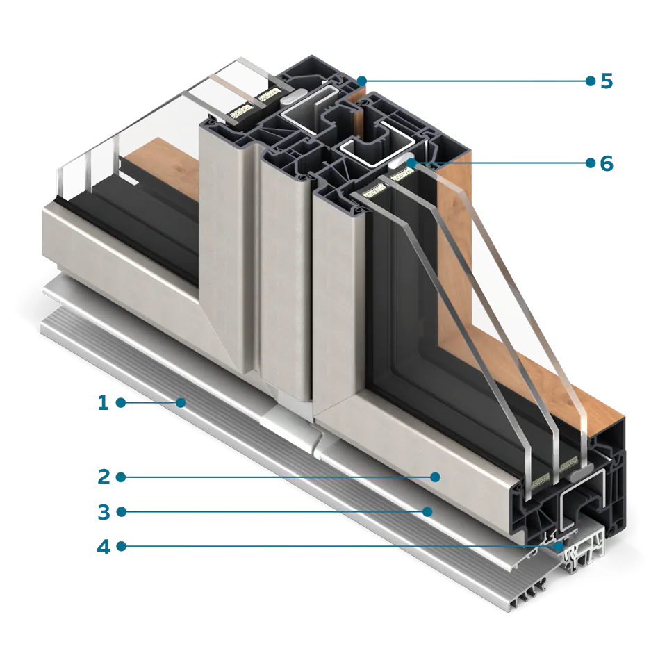 Fensterquerschnitt FORMA Viso mit schmalem beweglichem Pfosten und warmer Aluminiumschwelle.
