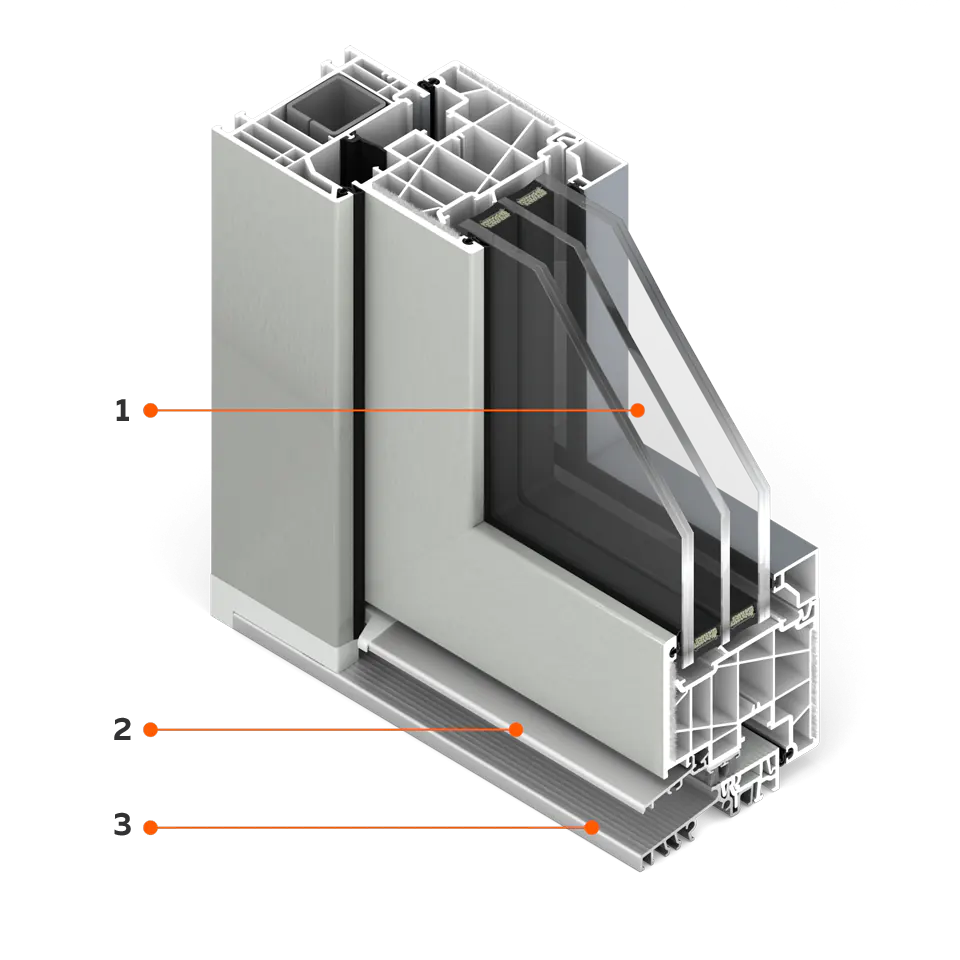 Fensterquerschnitt FORMA ThermoFibra mit warmer Aluminiumschwelle.