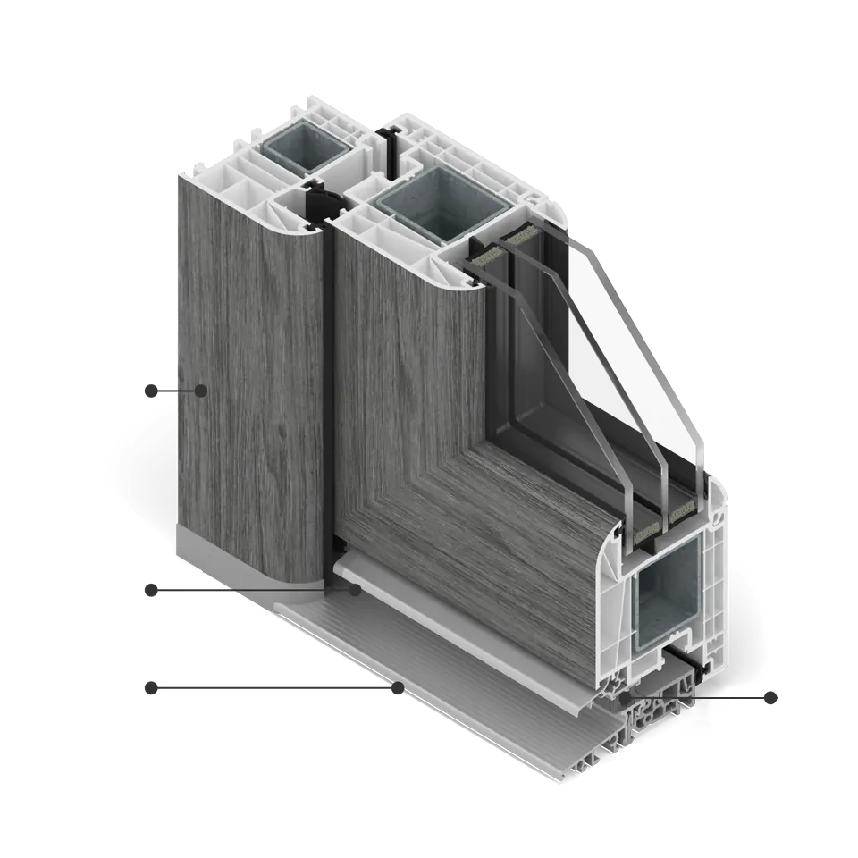 MS evolution[82] Fensterquerschnitt mit Concrete-Folierung sowie mit einer Aluminiumschwelle.