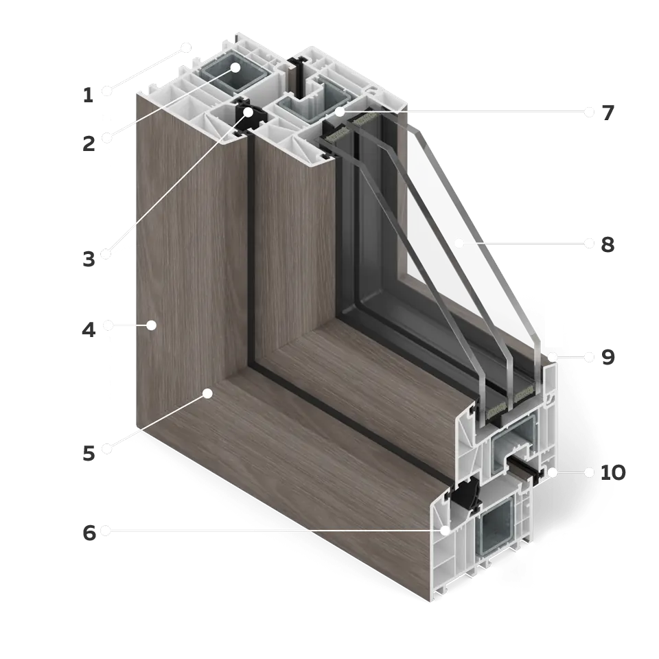Querschnitt des MSline+ Fensters in Vintage Eiche Folierung.