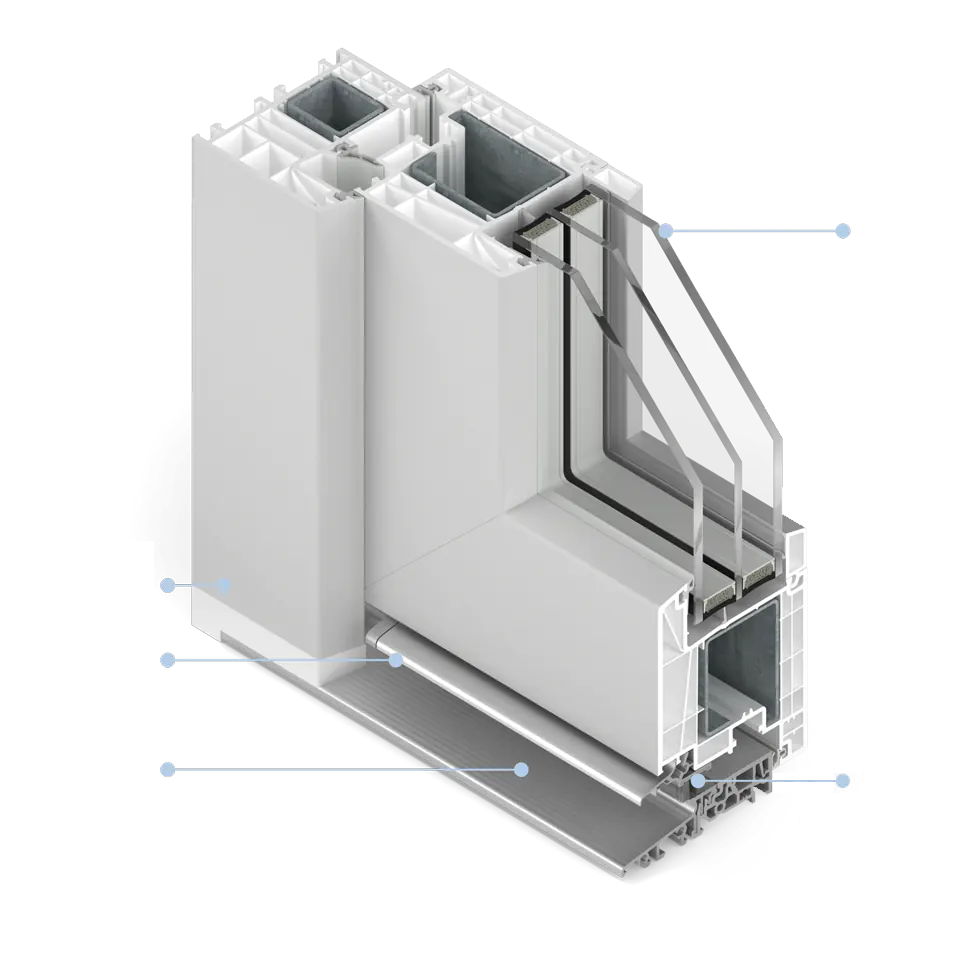 Querschnitt einer Terrassentür mit warmer Aluminiumschwelle.
