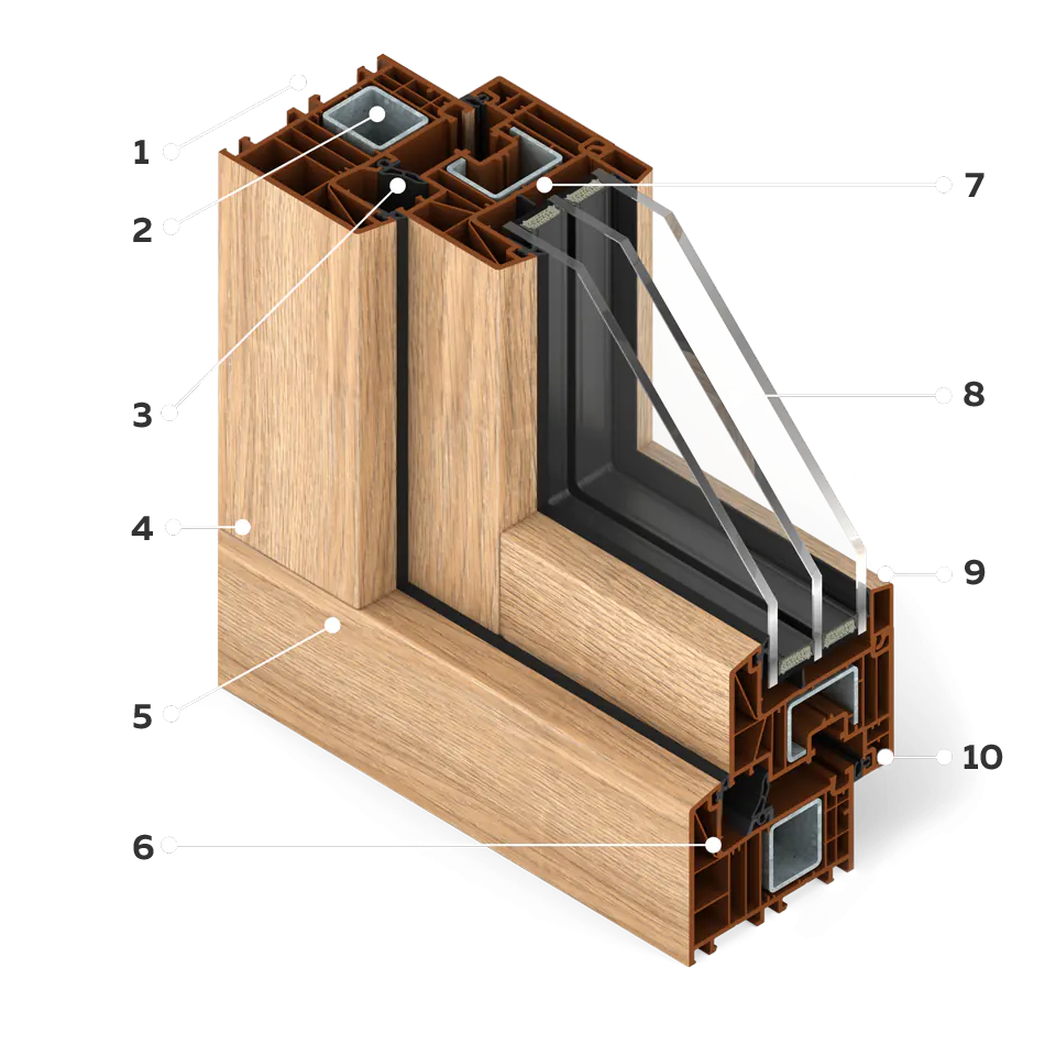 Fensterquerschnitt Wood Look in TurnerOak-Folierung.