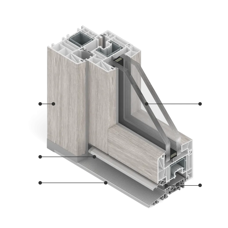 Fensterquerschnitt Wood Look in Alpin-Folierung mit Aluminiumschwelle.