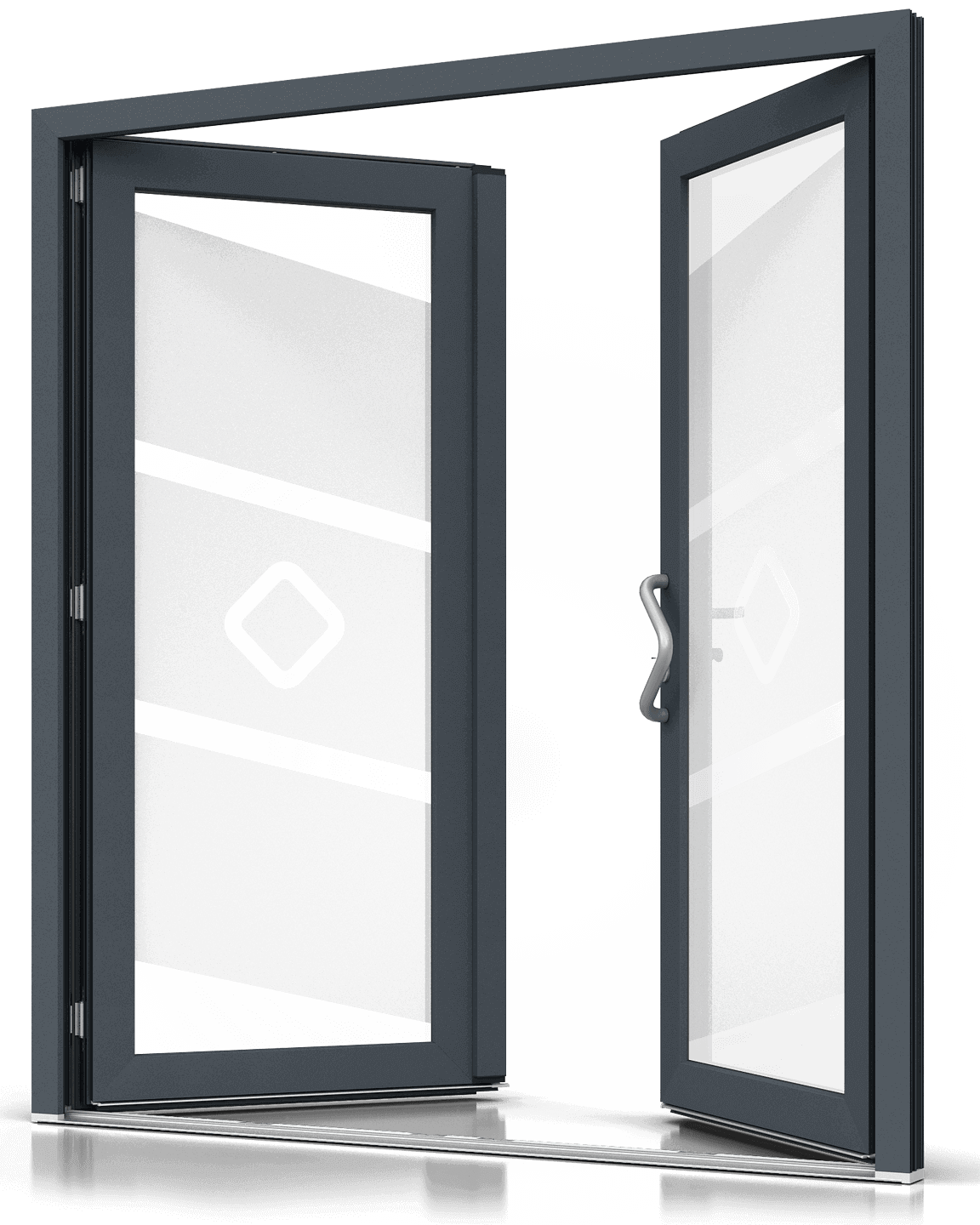 Zweiflügelige PVC-Eingangstür mit satiniertem (sandgestrahltem) Glas.